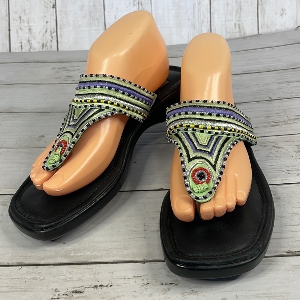 Viintage Beaded Embroidered Thong Square Toe Leather Sandal